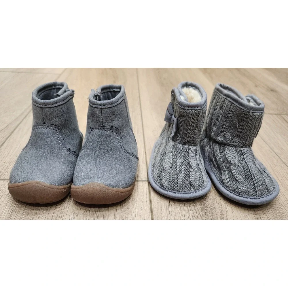 Baby Girls Gray‎ Boots (2 pair) Sparkle Knit Crib Shoes Size 2